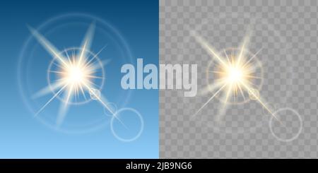 Two sun effect in blue sky composition set with abstract lights on sky and transparent background vector illustration Stock Vector