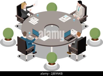 Business meeting isometric icon with people sitting at round table 3d vector illustration Stock Vector