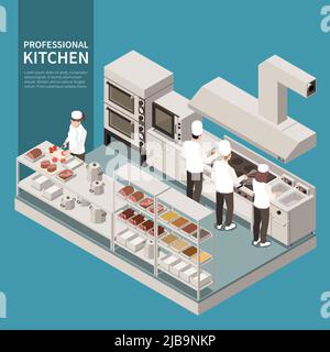 Professional kitchen equipment appliances isometric composition with cooks preparing food using deep fryer cutting ingredients vector illustration Stock Vector