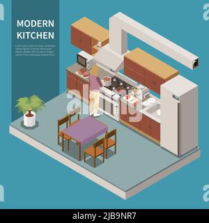 Contemporary kitchen cabinetry design with wood accent furniture range cooking housewife refrigerator appliances isometric composition vector illustra Stock Vector