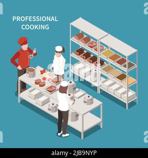 Commercial kitchen food preparation area with professional cooking staff and chef tasting soup isometric composition vector illustration Stock Vector