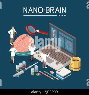 Nanotechnology research symbols artificial nano brain creation process laboratory staff coffee microchips computer isometric composition vector illust Stock Vector