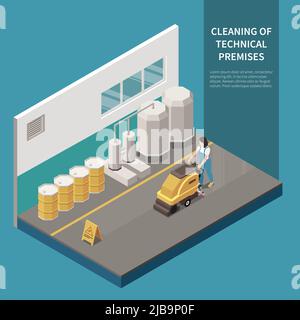 Commercial professional hard surface floor cleaning service isometric composition with technical premises rotary scrub machinery vector illustration Stock Vector