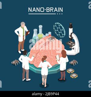 Nano bio technology isometric composition with scientific laboratory staff using nano-materials for brain activity improvement vector illustration Stock Vector