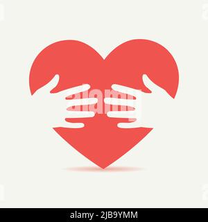 Hugging heart, hands holding heart, charity icon, love yourself, concept of volunteers. Vector illustration isolated on white background Stock Vector
