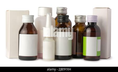 group of different medicine containers mockup with blank labels, pharmaceutical spray and syrup bottles with packages, template for medicament