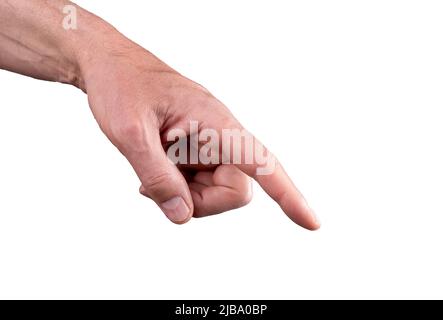 man hand with forefinger pointing down isolated on white background. High quality photo Stock Photo