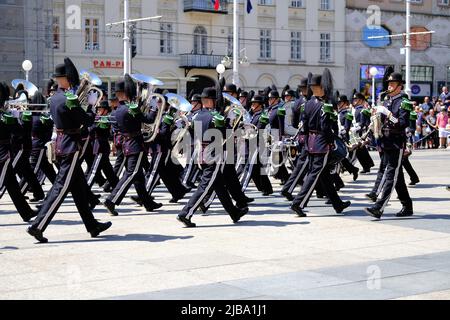 Members of the Norwegian Royal Guard together with the Croatian Army held a parade and demonstration exercises on Ban Josip Jelacic Square, in Zagreb, Croatia, on June 04 2022. Photo: Slaven Branislav Babic/PIXSELL Stock Photo