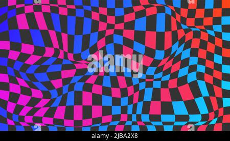Checkered background with distorted squares. Abstract banner with distortion. Chess pattern. Chessboard surface Stock Vector