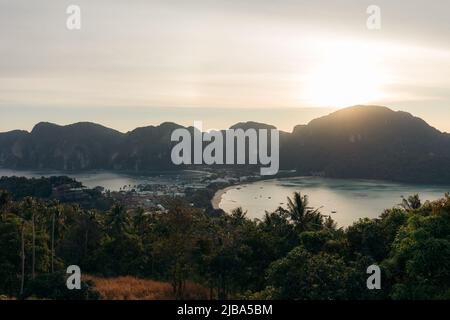 Panoramic view of Koh Phi Phi Don island from Viewpoint 2 at sunset Stock Photo
