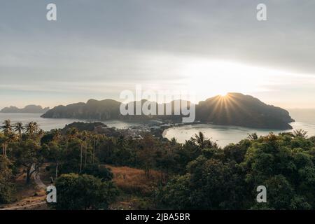 Panoramic view of Koh Phi Phi Don island from Viewpoint 2 at sunset Stock Photo