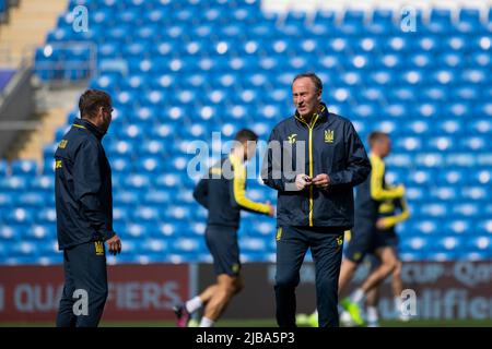 Cardiff, Wales, UK. 4th June, 2022. Head coach Oleksandr Petrakov during Ukraine national football team training at the Cardiff City Stadium ahead of the FIFA World Cup play-off final match against Wales. Credit: Mark Hawkins/Alamy Live News Stock Photo