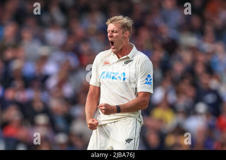 Kyle Jamieson of New Zealand celebrates taking Ben Stokes of England’s wicket Stock Photo