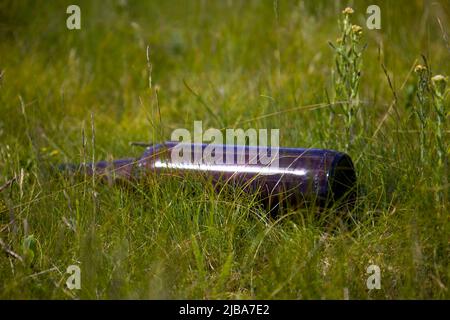 A bottle of beer thrown on the grass. Garbage on the ground. Stock Photo
