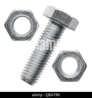 Group of two steel nuts and one bolt arranged as percent sign, isolated on white background Stock Photo