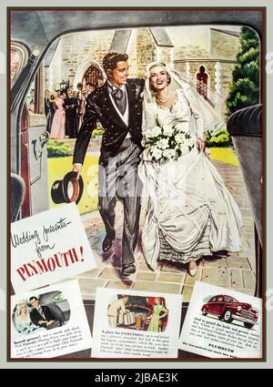 PLYMOUTH American car press advertisement. 1948 Post war traditional wedding with 'Wedding presents from Plymouth', 1948 Car press advertisement featuring recenly married couple and presents from Plymouth ad line 'Ladies Home Journal' press advertisement Illustration America USA 1940s Stock Photo