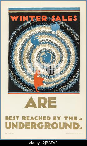 Vintage London Underground Travel Poster 1920s Poster, Winter Sales, for London Underground, 1922  The spiral of a weather system or eye of a tornado in blue, beige, and grey; silhouettes in blue, black, and orange of women in dresses that are being blown by wind. WINTER SALES; ARE / BEST REACHED BY THE / UNDERGROUND. Date 1922 offset lithograph Stock Photo