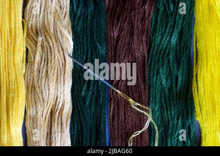 Needle with thread and set of multi-colored cotton threads. Top view. Colorful mouline threads. Set for hand embroidery. Close-up. Selective focus. Stock Photo