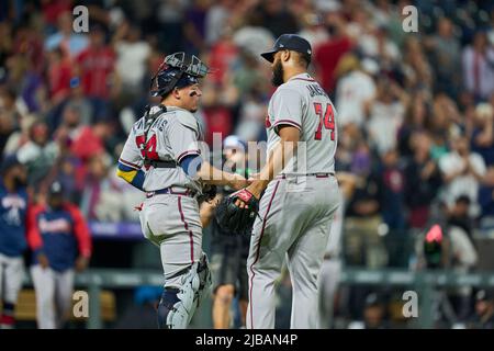 Denver CO, USA. 3rd June, 2022. Atlanta pitcher Kenley Jansen (74) gets the save for the game with Atlanta Braves and Colorado Rockies held at Coors Field in Denver Co. David Seelig/Cal Sport Medi. Credit: csm/Alamy Live News Stock Photo