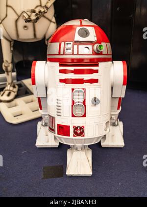 Great Yarmouth, Norfolk, UK – June 04 2022. R5-D4 droid model, a replica from the fictional character used in Star Wars, on display at the 2022 Comico Stock Photo