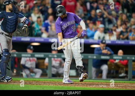 Denver CO, USA. 3rd June, 2022. Colorado catcher Elias Diaz (35) strikes out during the game with Atlanta Braves and Colorado Rockies held at Coors Field in Denver Co. David Seelig/Cal Sport Medi. Credit: csm/Alamy Live News Stock Photo