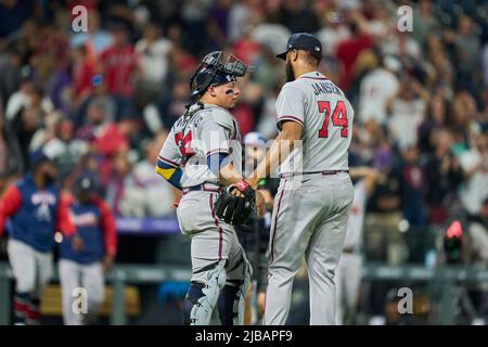 Denver CO, USA. 3rd June, 2022. Atlanta pitcher Kenley Jansen (74) gets the save for the game with Atlanta Braves and Colorado Rockies held at Coors Field in Denver Co. David Seelig/Cal Sport Medi. Credit: csm/Alamy Live News Stock Photo