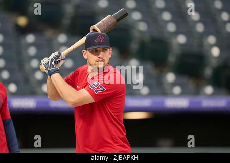 Denver CO, USA. 4th June, 2022. Colorado outfielder Conner Joe (9) takes a  walk during the game with Atlanta Braves and Colorado Rockies held at Coors  Field in Denver Co. David Seelig/Cal