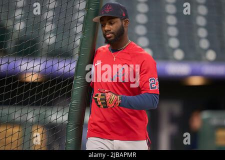 Denver CO, USA. 3rd June, 2022. Atlanta first baseman Matt Olsen (28)  drives in runs int he 10 th inning during the game with Atlanta Braves and  Colorado Rockies held at Coors