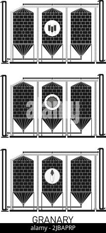 Creative illustration of an agricultural warehouse for a grain elevator isolated on a transparent background. Abstract concept of wheat, corn and sunf Stock Vector