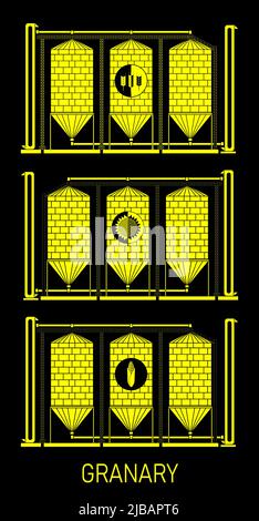 Creative illustration of an agricultural warehouse for a grain elevator isolated on a transparent background. Abstract concept of wheat, corn and sunf Stock Vector