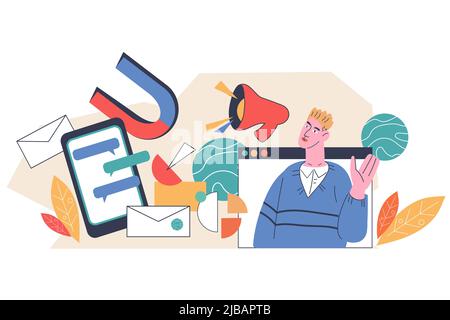 Inbound and outbound marketing management, flat vector illustration isolated on white background. Emailing, SMM and professional marketers service ban Stock Vector