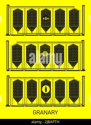 Creative illustration of an agricultural warehouse for a grain elevator isolated on a transparent background. Abstract concept of wheat, corn and sunf Stock Vector