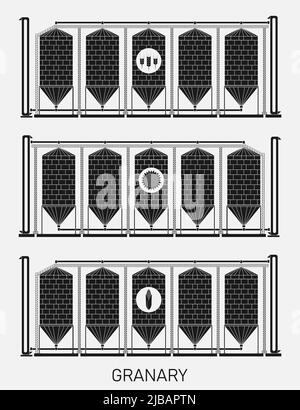 Creative illustration of an agricultural warehouse for a grain elevator isolated on a transparent background. Abstract concept of wheat, corn and sunf Stock Vector