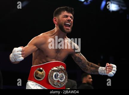 Joe Cordina celebrates defeating Kenichi Ogawa in the International Boxing Federation World Super Feather Title at the Motorpoint Arena Cardiff. Picture date: Saturday June 4, 2022. Stock Photo