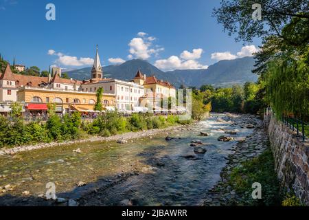 Merano, Italy - September 27, 2021: Merano (or Meran) is a city surrounded by mountains near Passeier Valley and Val Venosta (South Tyrol, Italy) Stock Photo