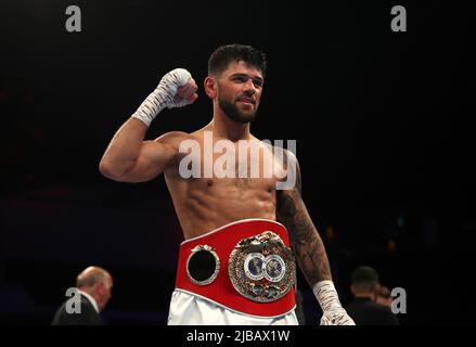 Joe Cordina celebrates defeating Kenichi Ogawa in the International Boxing Federation World Super Feather Title at the Motorpoint Arena Cardiff. Picture date: Saturday June 4, 2022. Stock Photo