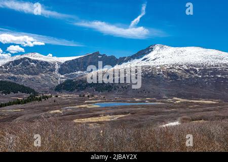 Multiple views of the Sawtooth Ridge between Mt. Evans and Bierstadt can be seen from the trail up Mt. Bierstadt which are 2 of Colorado's 14teeners. Stock Photo