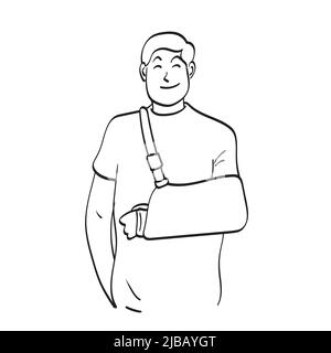 man with a broken arm wearing an arm splint illustration vector hand drawn isolated on white background line art. Stock Vector