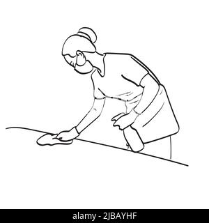 female housekeeper in face mask and gloves cleaning home in room illustration vector hand drawn isolated on white background line art. Stock Vector