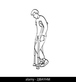 standing male patient with crutches illustration vector hand drawn isolated on white background line art. Stock Vector