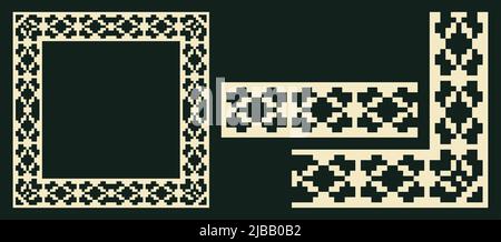 Lacy frame, corner and border with ukrainian embroidery vyshyvanka Pixel or square designed filigree frame for classic ornamental design Stock Vector