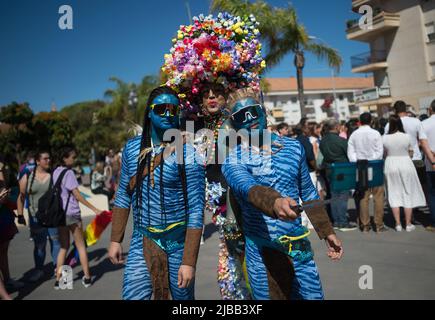 Malaga, Spain. 04th June, 2022. People in costumes are seen taking a selfie as they take part in a demonstration in favor of LGTBI  people's rights, as part of the LGTBI  Pride celebrations. Thousands of people return in downtown Torremolinos to participate in the LGTBI  Pride parade after it was suspended for two years due to coronavirus pandemic. The parade is internationally renowned as a meeting point between LGTBI  people under a colourful and festive atmosphere. (Photo by Jesus Merida/SOPA Images/Sipa USA) Credit: Sipa USA/Alamy Live News Stock Photo