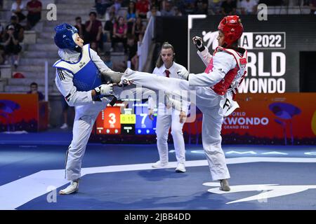 Rome, Italy. 04th June, 2022. Julyana AL-SADEQ (JOR) vs Magda WIET HENIN (FRA) during the final -67Kg round of World Taekwondo Grand Prix at Foro Italico, Nicola Pietrangeli Stadium, 4th June 2022, Rome, Italy. Credit: Independent Photo Agency/Alamy Live News Stock Photo