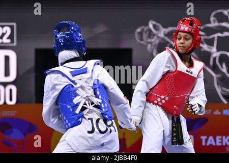 Rome, Italy. 04th June, 2022. Julyana AL-SADEQ (JOR) vs Magda WIET HENIN (FRA) during the final -67Kg round of World Taekwondo Grand Prix at Foro Italico, Nicola Pietrangeli Stadium, 4th June 2022, Rome, Italy. Credit: Independent Photo Agency/Alamy Live News Stock Photo