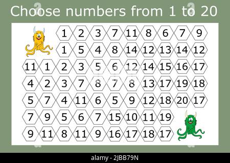 The task is to go through a maze of numbers from 1 to 20. Educational exercises for preschool children Stock Photo