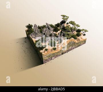 Mountains jungle cross section with earth land and green grass. Fantasy floating island with natural on the rock, surreal float landscape with paradis Stock Photo