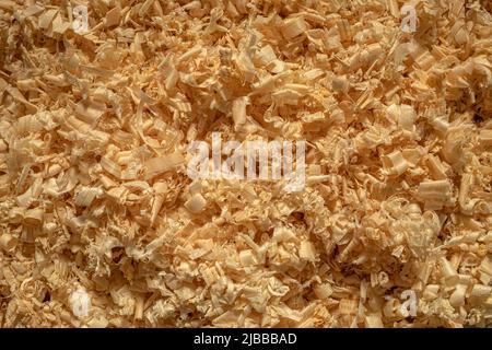 Texture created by fir and pine wood chips in a carpentry with soft lighting Stock Photo