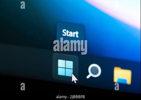 New york, USA - june 3, 2022: Start windows 11 button on computer menu screen close up view Stock Photo