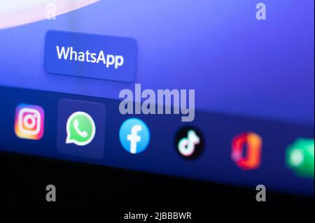 New york, USA - june 3, 2022: Whatsapp application icon on windows menu screen close up view Stock Photo