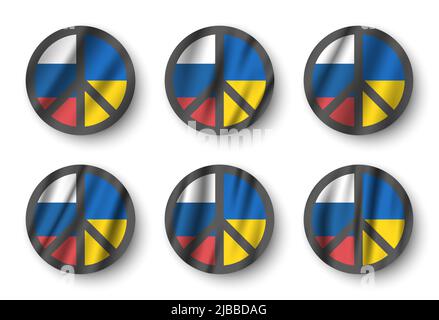 Set of Peace symbols with russia and ukraine waving flag . The Campaign for Nuclear Disarmament ( CND ) Sign . Flat design . Pacifist and no war conce Stock Vector